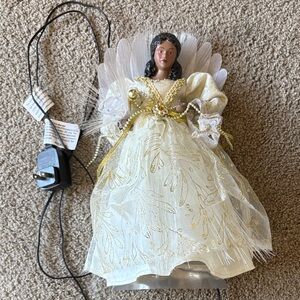 Elegant Angel Tree Topper with Gold and White Dress